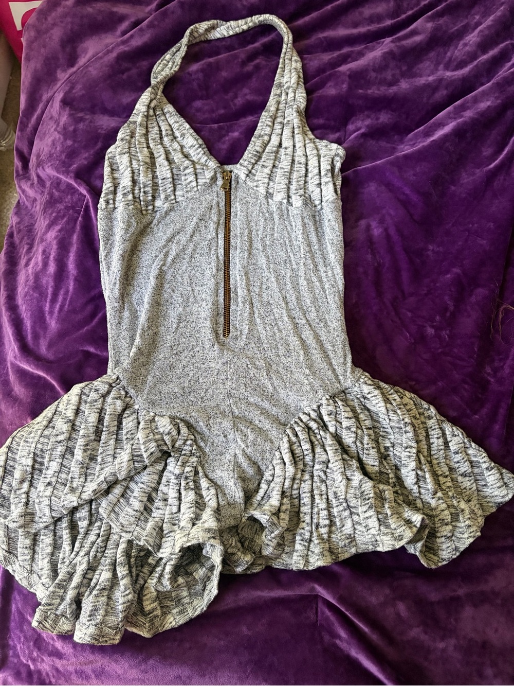 Heathered Gray Halter Ruffle Dress with Front Zip